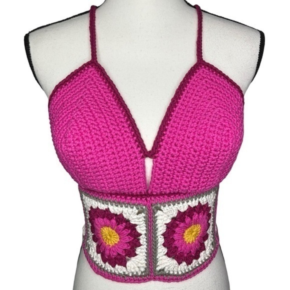 Handcrafted Crochet Crop Top Cotton Yarn Art Handmade Sunburst Granny Square‎